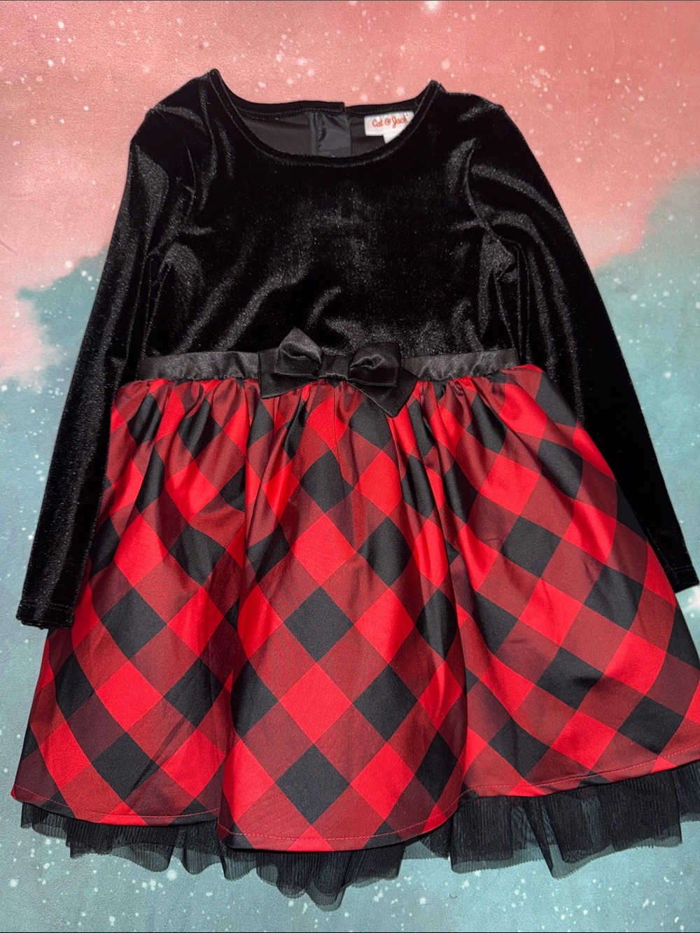 Cat and jack Velvet Bodice Red & Black Buffalo Plaid Holiday Dress 4t